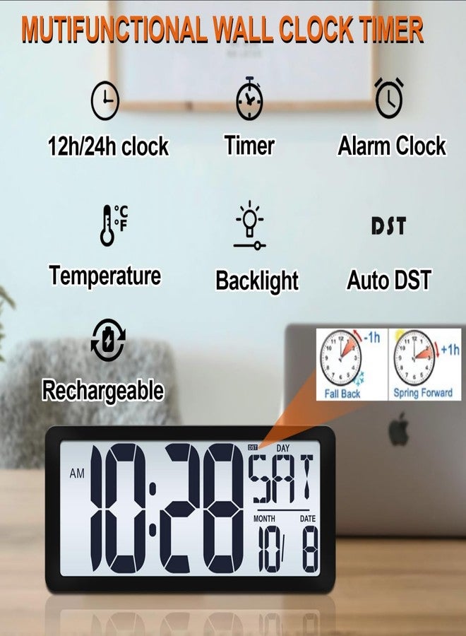 QINYUNE 15 Inch Large Rechargeable Digital LCD Wall Clock with Backlight Glow in the Dark,Night Light Wall Clock with Week,Date & Temperature,DST,Alarm Display for Living Room, Bedroom, Gift for Elderly - Image 2